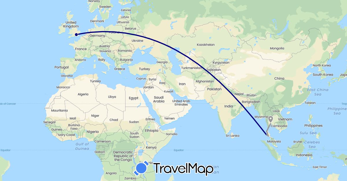 TravelMap itinerary: driving, plane in United Kingdom, Thailand (Asia, Europe)